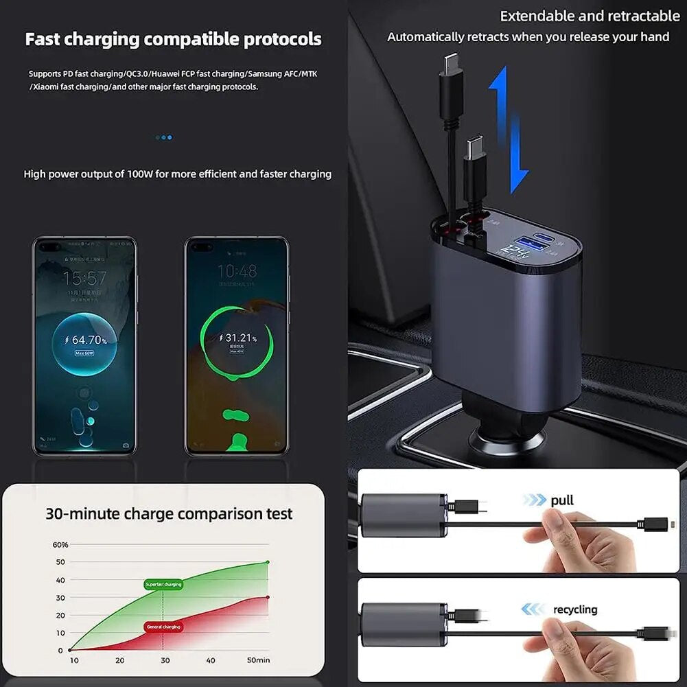 100W 4 in 1 Retractable Car Charger USB Type C Cable for Iphone Samsung Fast Charge Cord Cigarette Lighter Adapter