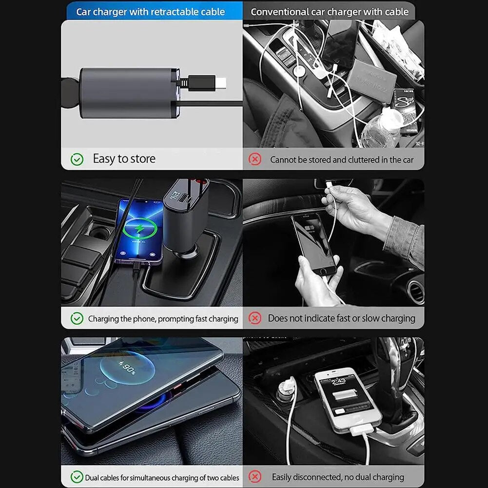 100W 4 in 1 Retractable Car Charger USB Type C Cable for Iphone Samsung Fast Charge Cord Cigarette Lighter Adapter